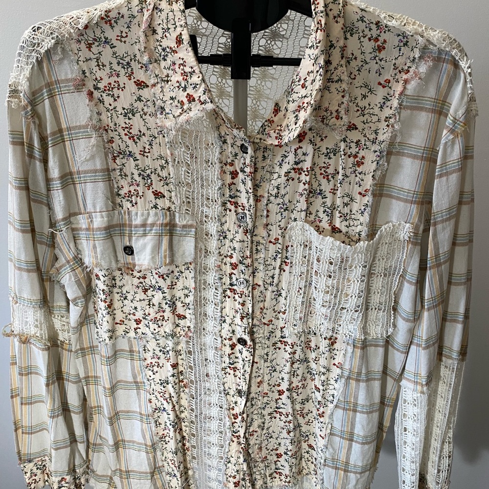 POL Boho Patchwork Button-Up Shirt – Size Medium - image 8